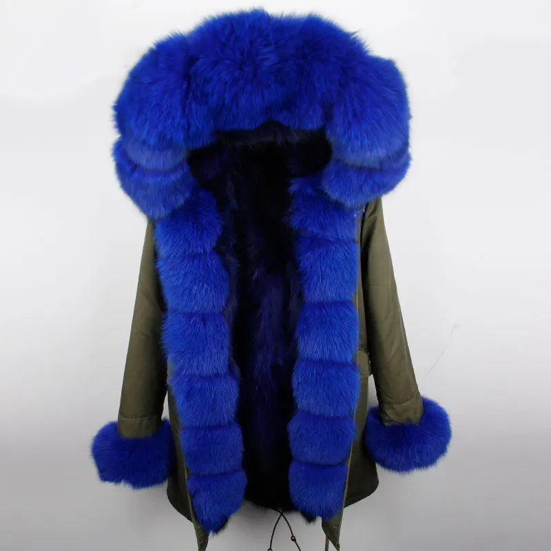 green blue Брендовая Новая модная женская Длинная зимняя куртка роскошное большое пальто с капюшоном и воротником из лисьего меха теплая парка с подкладкой из лисьего меха наивысшего качества - Цвет: green blue