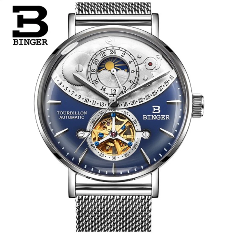 

Switzerland Automatic Mechanical Watch Men BINGER Skeleton Full Steel Relogio Masculino Waterproof Reloj Hombre Zegarek Meski