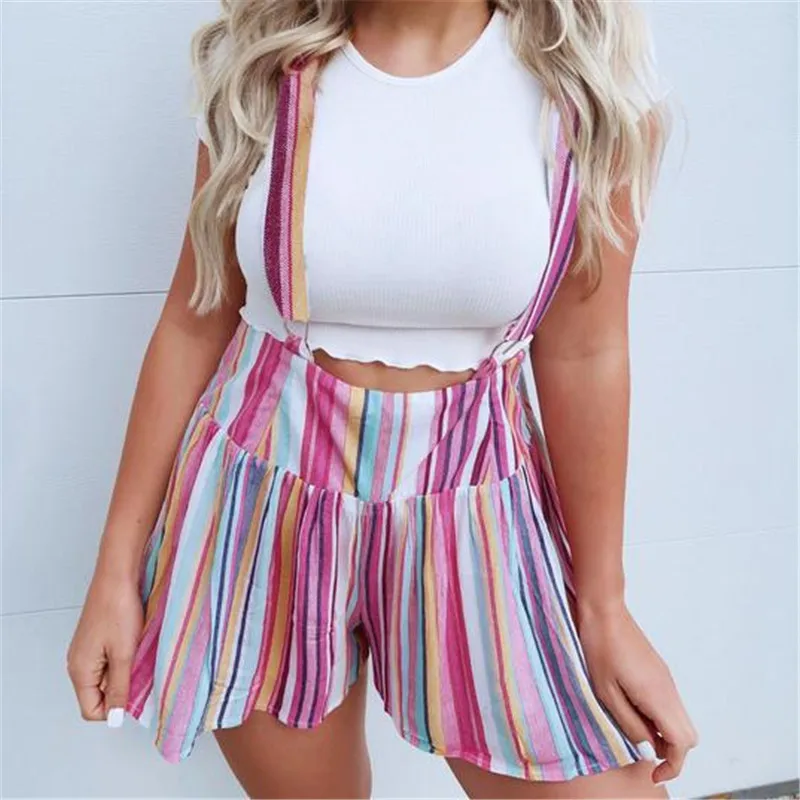 

New Womens Playsuits Fashion Striped Suspender Ladies Summer Trousers Casual Jumpsuits Bodysuits Pocket Multicolor Rompers Loose