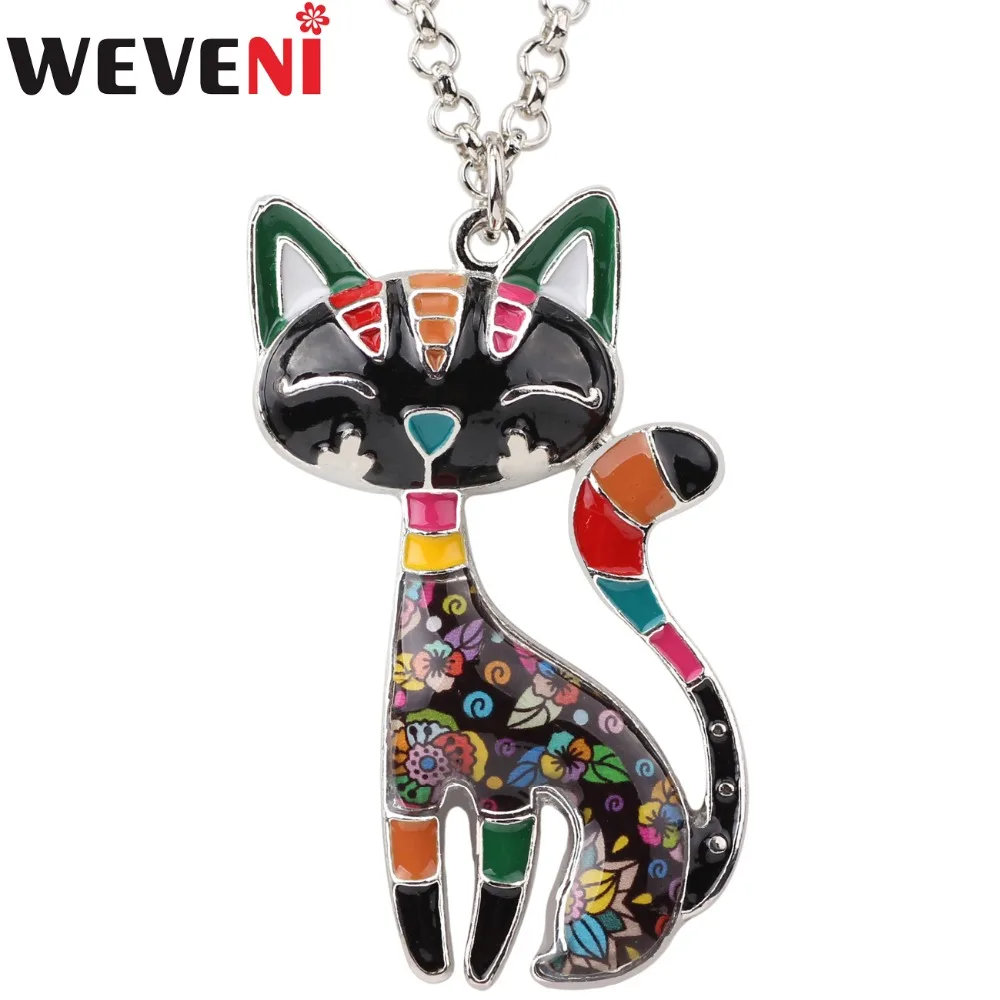 

WEVENI Statement Enamel Cat Kitten Necklace Pendant With Specular Effect Chain Collar Souvenir New Fashion Jewelry For Women