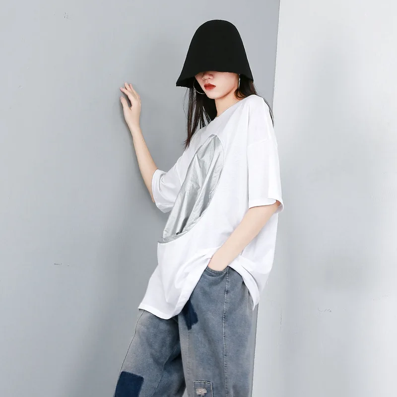 White J675 Новинка, корейский стиль, Женский однотонный белый и черный топ, футболка с уникальным дизайном, большая точка, заплатка, Женская милая Повседневная Уличная футболка, Femme J675 - Цвет: White J675