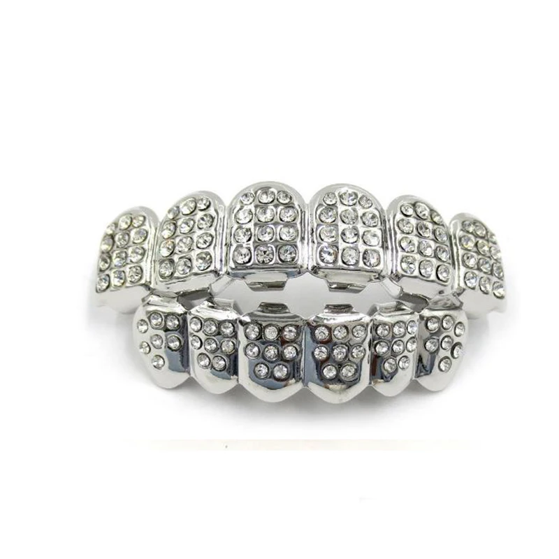 teeth Silver 1 комплект, 2 цвета на выбор, полный циркон, хип-хоп, золото, серебро, роскошные стразы, вампир, набор гриллов с дополнительными силиконовыми стержнями в комплекте - Metal color: teeth Silver