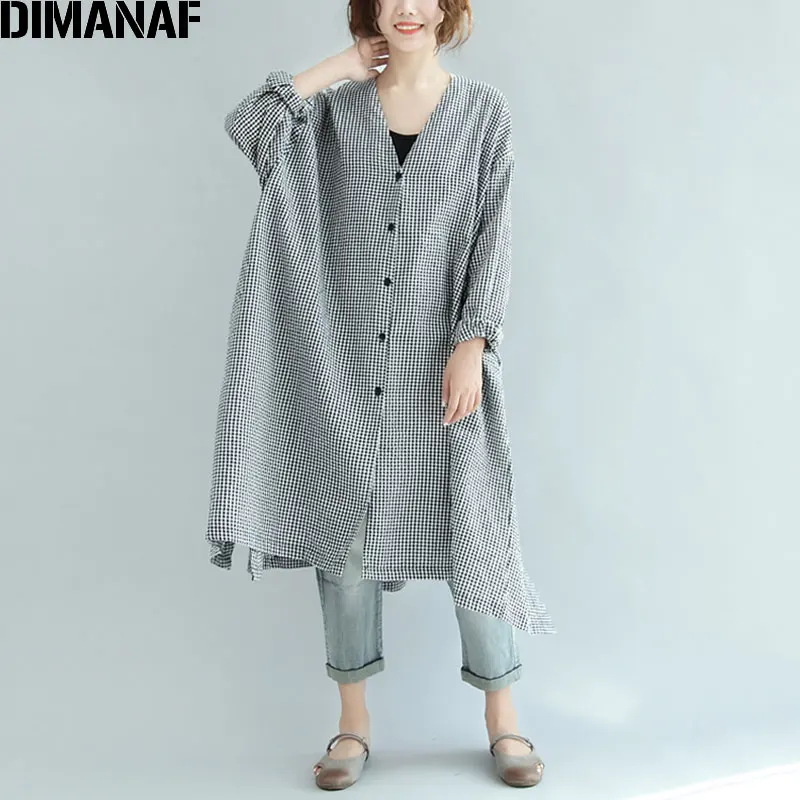 8966 DIMANAF, женское платье, осень размера плюс, льняные пояса, Femme, элегантное, v-образный вырез, крыло летучей мыши, черный, в клетку, с принтом, Свободный кардиган,, длинное платье - Цвет: 8966