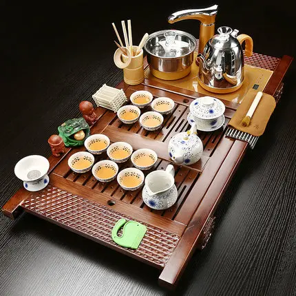 Chinese Style Retro Tea Set Tray Full Of Kung Fu Purple Sand Automatic Household Simple Four-in-one Solid Wood Table | Дом и сад