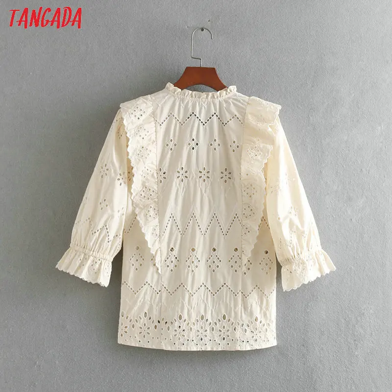 Tangada блузка ришелье хлопковая блузка блуза из хлопка летняя блузка блузка с кружевом кружевная блузка кружевной топ V-образный вырез романтический стиль бежевая блузка бежевый топ CE100