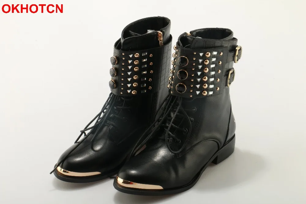 

OKHOTCN Fashion Women Ankle Boots Casual Lace Up Motorcycle Boots Metal Round Toe Rivets Flat Booties Buckle Strap Martin Boots