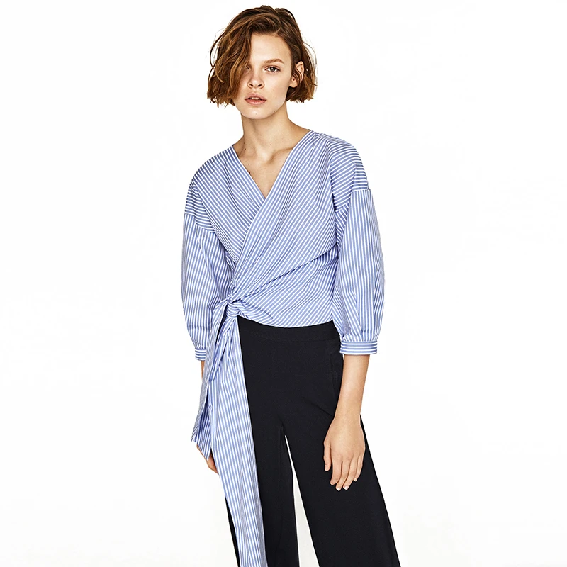 Синий белый тонкими полосками завязанный асимметричный хлопок смесь рубашки