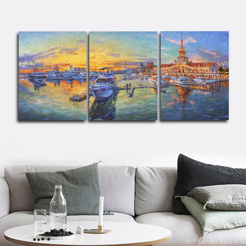 

Laeacco Sea Sunrise Boat City Posters and Prints Nordic Wall Artwork Abstract Living Room Home Decor Paint On Canvas Painting