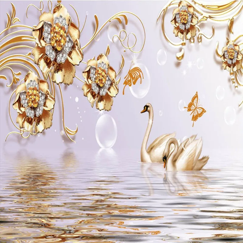 

photo wallpaper 3D luxury European silk pearl flower swan TV background wall stereo wallpaper custom lobby mural