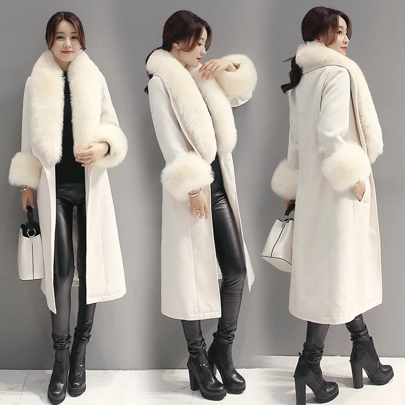 Модное тонкое пальто выше колена с большим меховым воротником Женское шерстяное