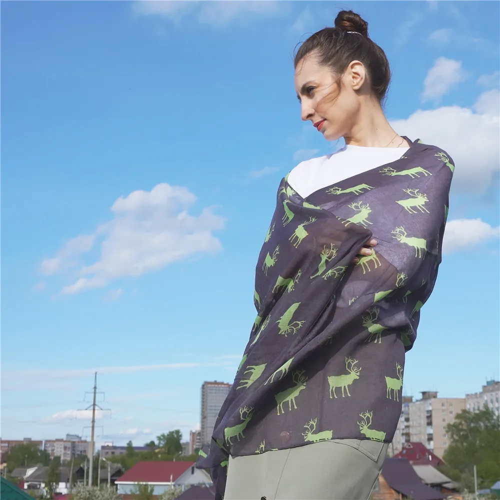 Jinjin. QC Женский Легкий Шарф Из Вискозного Шелка Зеленый Олень Печатных Шарфы И