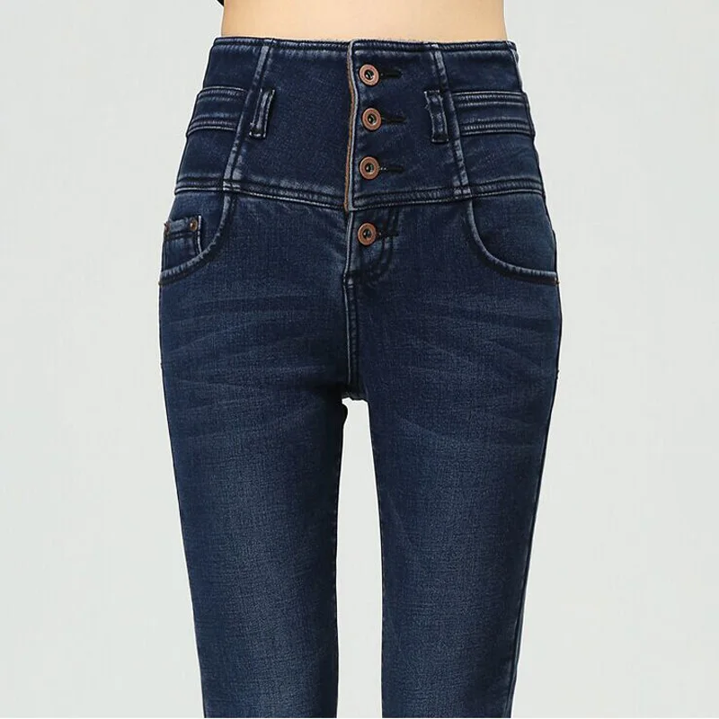 Зима высокое качество теплая женская талии густой шерсти джинсы Большой размер