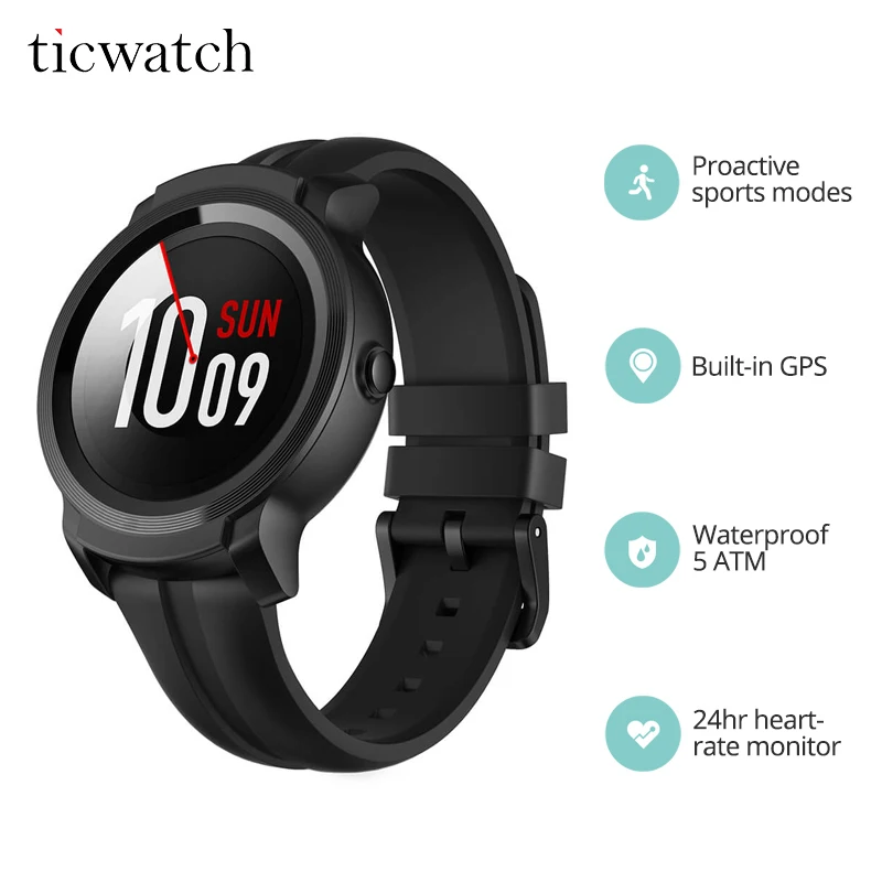 Смарт часы Ticwatch E2 фитнес Bluetooth WiFi Android одежда gps спортивные 5 АТМ водонепроницаемые