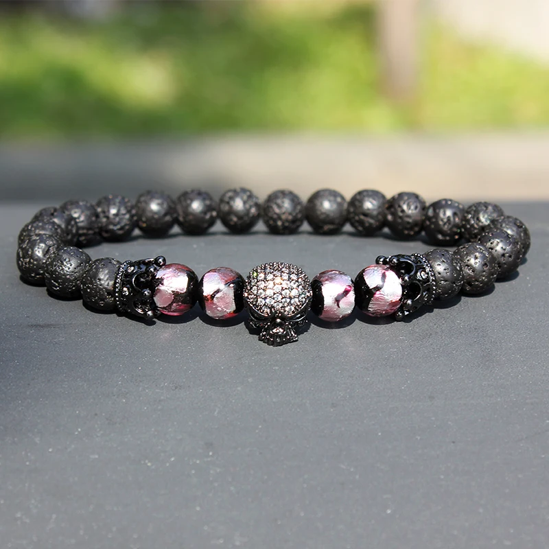 Браслет из натуральных бусин, модный бренд, Micro Pave CZ, скелет, Череп, черная лава, рок, стион. Будда ювелирный камень энергия