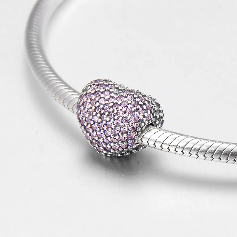 New pink CZ heart shape 925 Sterling Silver fashion fine clips Lock bead Fit Original European Charm Bracelet Jewelry making | Украшения и