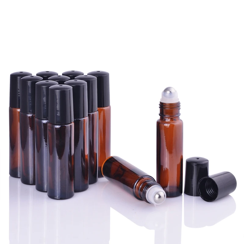 

MUB - 100PCS/Lot 10ml Amber Roller Bottles For Essential Oils Refillable Perfume Bottle Deodorant Containers With Black Lid