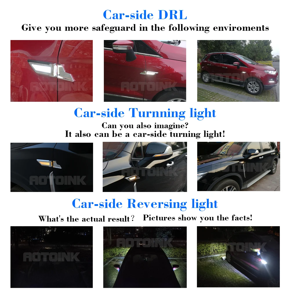 AOTOINK 3 Functions LED Car Side DRL Daytime Running Light Turn Signal Reversing Anti-collision Warning For All | Автомобили и