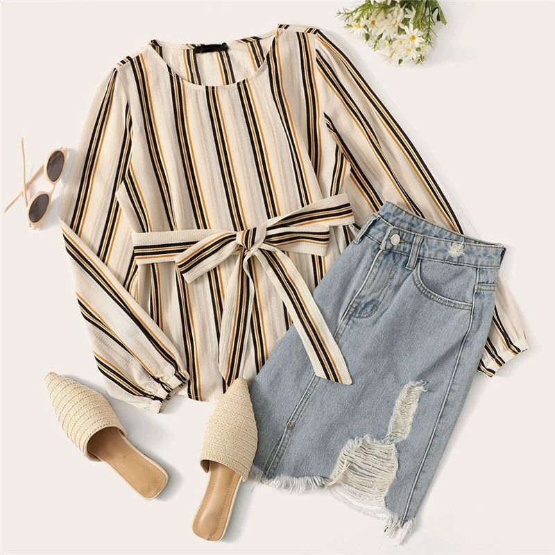 SHEIN белая офисная женская элегантная полосатая блуза с круглым вырезом и длинным рукавом, новинка, осенняя рабочая одежда, Женские топы и блузки