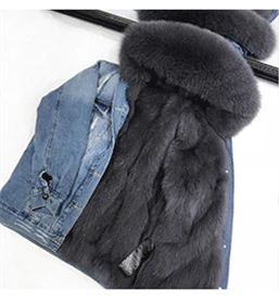 blue coat gray fur Зимняя куртка, пальто, женская белая джинсовая куртка с дырками, настоящий большой воротник из лисьего меха, с капюшоном, с подкладкой из кроличьего меха, свободная куртка, Корейская Новинка - Цвет: blue coat gray fur