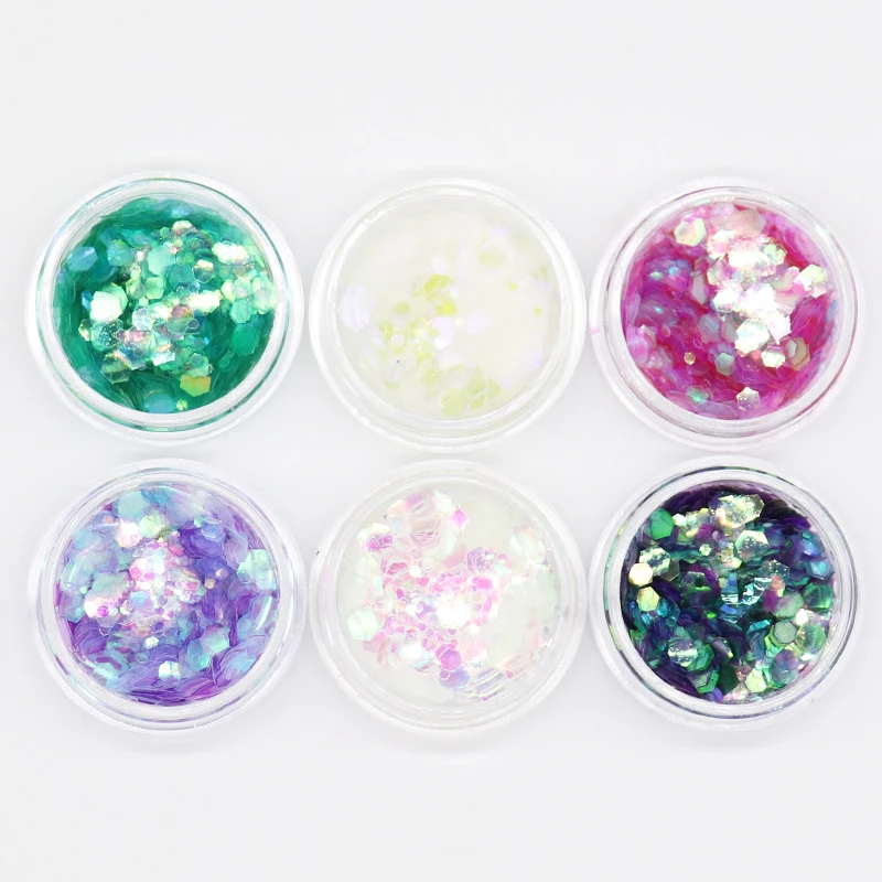 6 коробок шестигранные блестки для ногтей пыль Сияющие Блестки 1 мм 2 3 Смешанные
