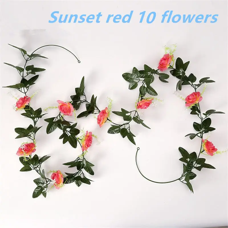 Sunset red-10 flower 1pcs/lot 230-250cm Artificial Flowers Silk Roses Ivy Vine diy with Green Leaves Fake leaf artificial flowers for home decoration - Цвет: Sunset red-10 flower