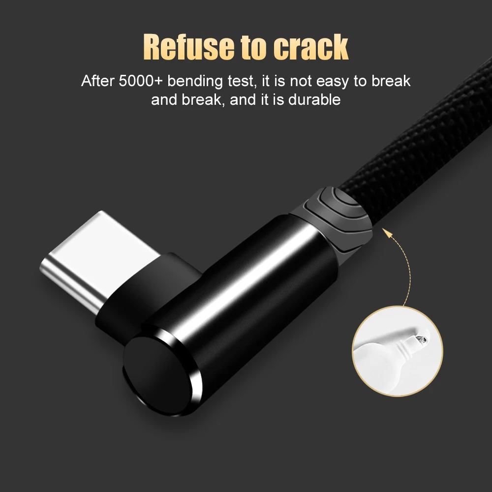 USB Type C Cable 90 Degree elbow Nylon Braided 1M/2M/3M Fast Charging Micro Data for Samsung Huawei Xiaomi | Электроника