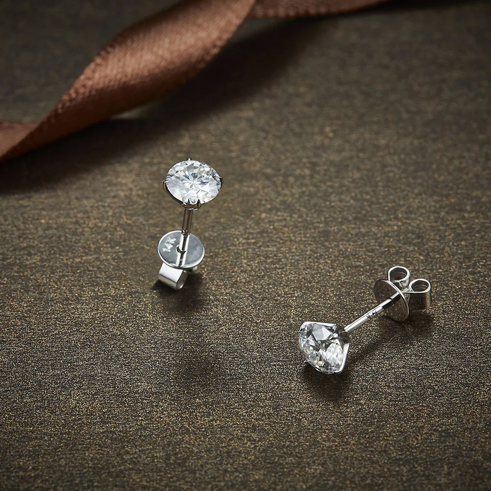 Solid 14K 585White Gold E F Color Round Moissanite Diamond Stud Earring Push Back For women Classic Ladies Earrings | Украшения и