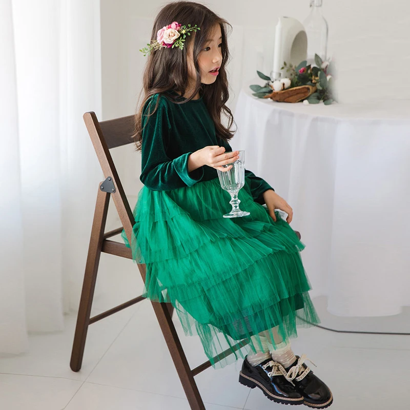 spring green velvet long dress age for 6 - 14 yrs teenage girls cupcake winter party frocks big princess costume | Детская одежда и