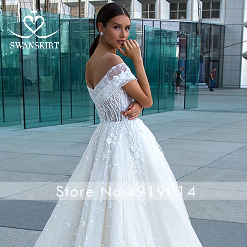 Luxury Off the Shoulder Wedding Dress Swanskirt Sexy Appliques Beaded Ball Gown Princess Bride Gown Vestido de noiva F128