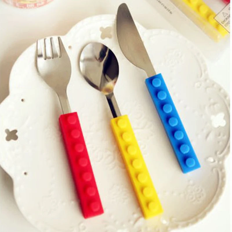 Лего нож и вилка три набора кирпичей силикона нержавеющей стали Портативный для