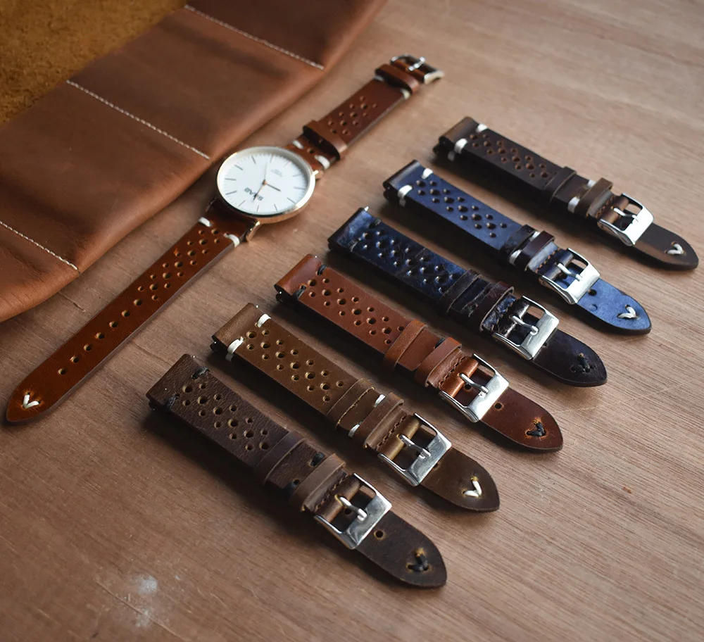 Hand Made Retro Leather Watch Band Hand-Stitched Perforated Suede Calfskin Watch Strap Bracelet 18mm 20mm 22mm