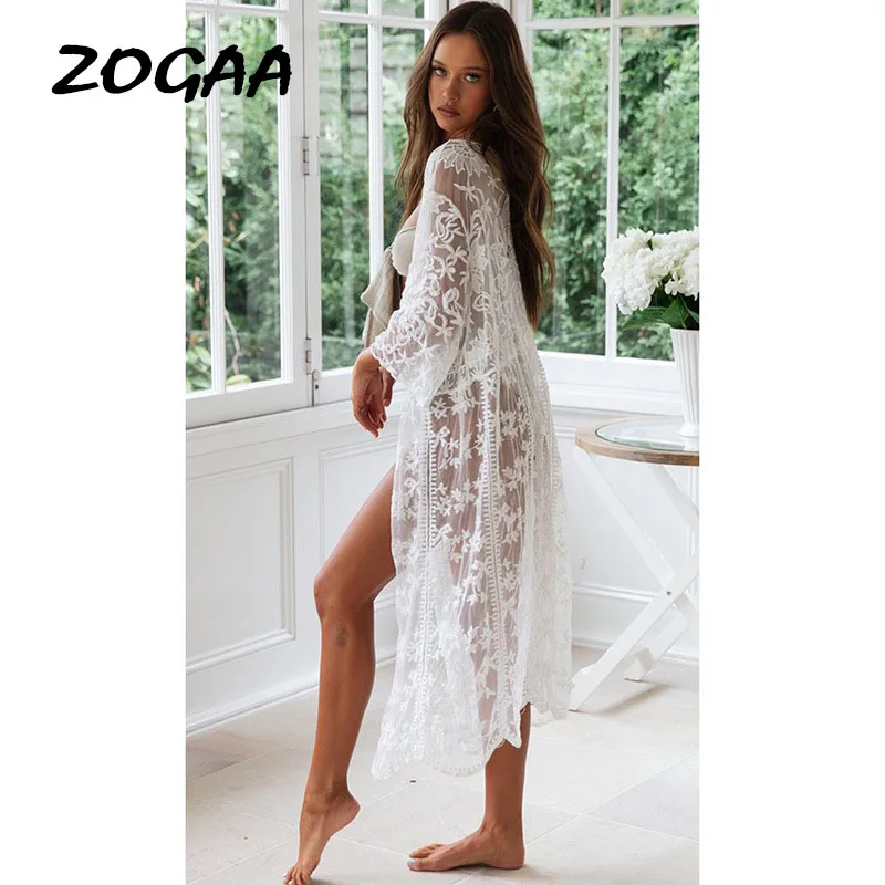 Женское длинное пляжное платье ZOGAA белое кружевное с прозрачной сеткой и