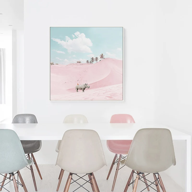 Nordic Pink beach Rhino Wall Art Canvas Poster and Print for Living Room Morden contracted Home Decor Unframed |