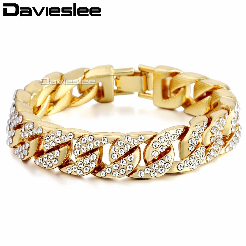 Davieslee 14 мм 20 см мужской браслет для женщин ювелирные изделия Iced Out Снаряженная кубинская цепь Желтое золото Заполненные проложили Стразы GB403 - Окраска металла: Gold GB403