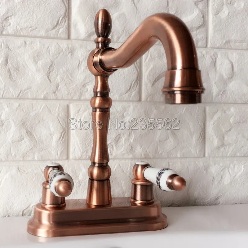 

Antique Red Copper Deck Mount 4" Centerset Kitchen Faucet Vessel Sink Mixer Tap 2 Holes Bathroom Basin Faucet Lrg051