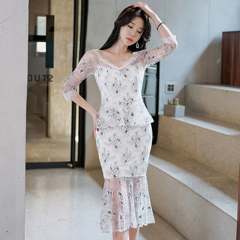 

Big Size Women Short Sleeve Korean Summer Dress 2019 Perspective Lace Patchwork Floral Dress Women Clothes Vintage Midi Dresses