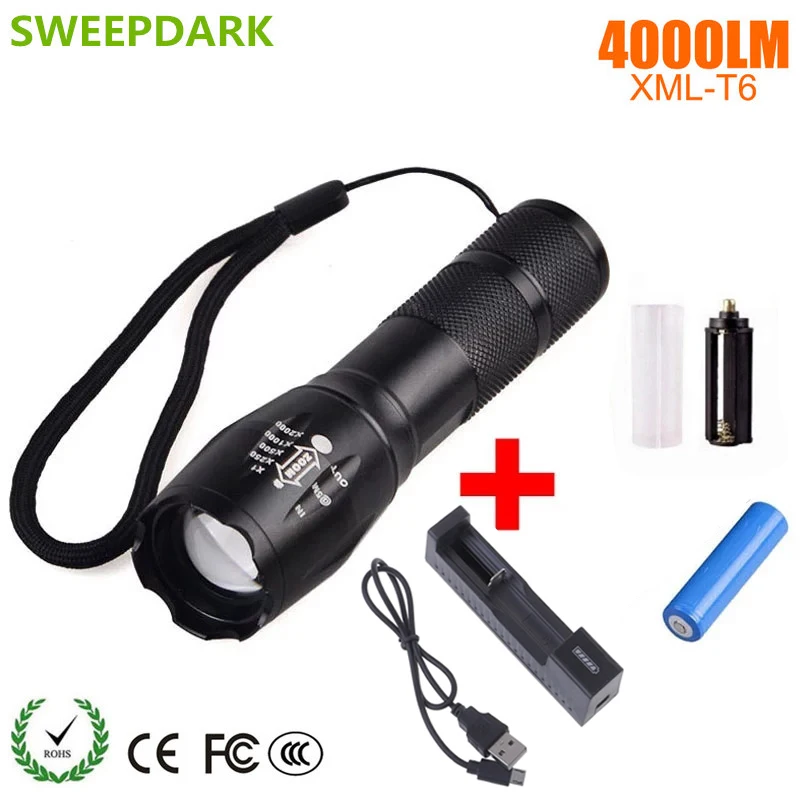 LED Rechargeable Flashlight SWEEPDARK XML T6 linterna torch 4000 lumens 18650 Battery Outdoor Camping Powerful Led Flashlight|Фонарики и