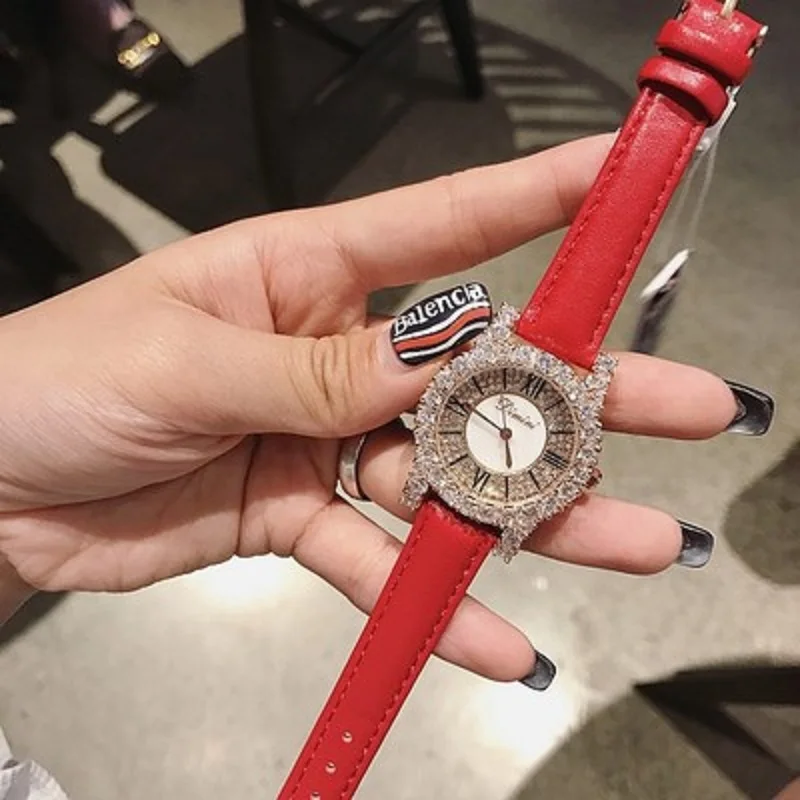 small red Новая мода, розовое золото, дамские часы с бриллиантами, женские новые Стразы, нарядные часы, роскошный кожаный ремешок, женские кварцевые часы - Цвет: small red