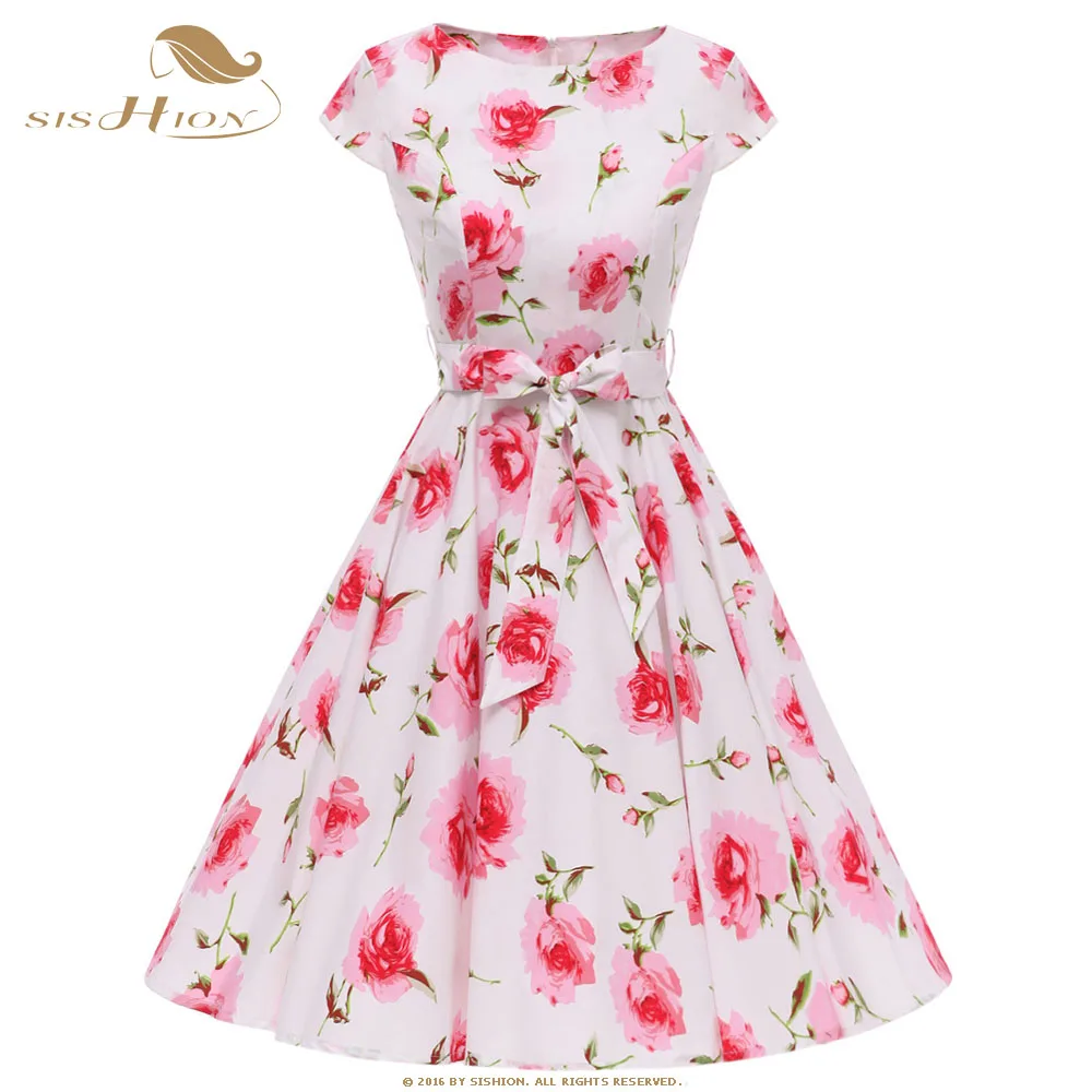 SISHION Retro Vintage Dresses with Large Swing High Quality Floral Print Cherry Blue White Cotton Women Summer Dress VD0785 | Женская