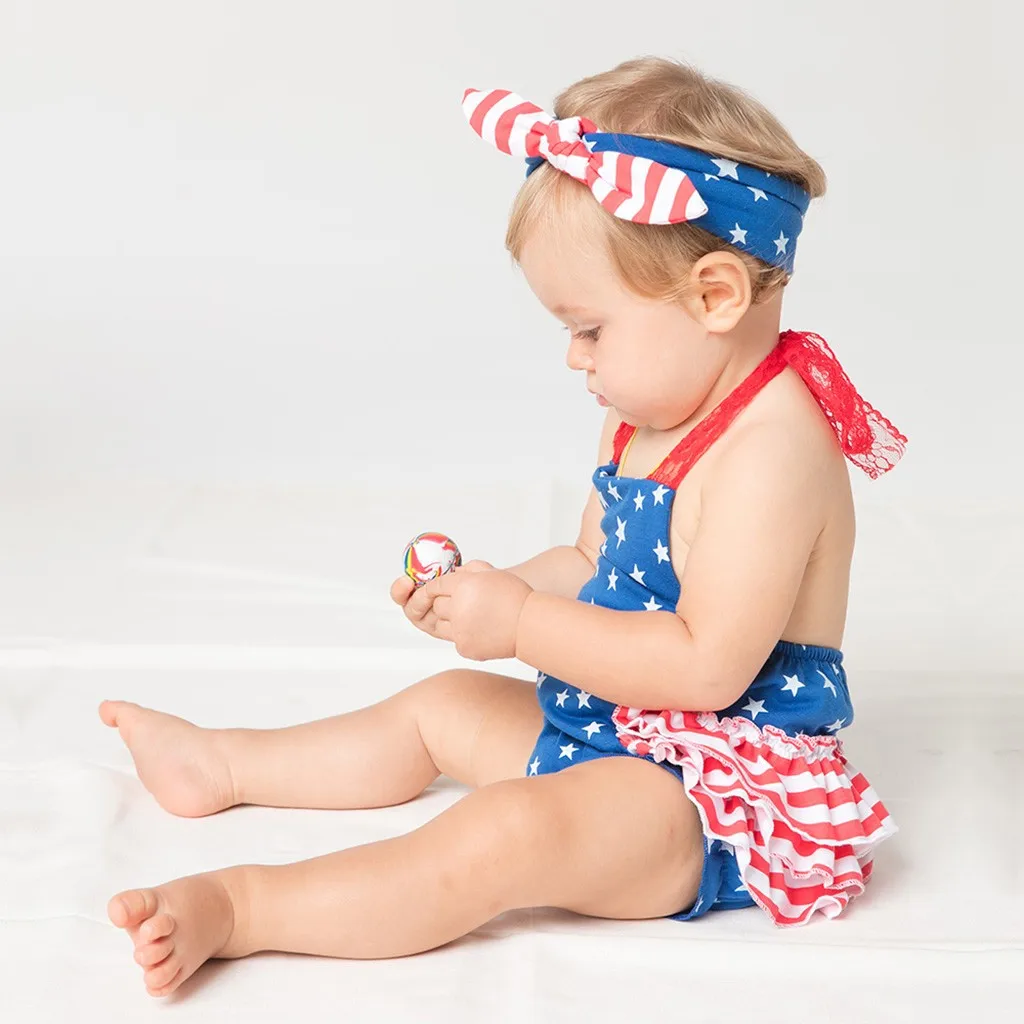 Модный летний комбинезон для маленьких девочек 4 июля со звездами + повязка на