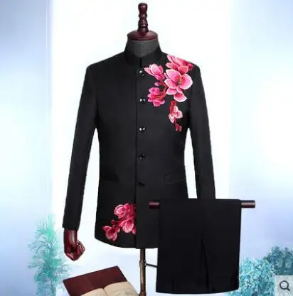 Chinese tunic suit men groom suit set with pants mens wedding suits costume Singer stage clothing formal dress stand collar