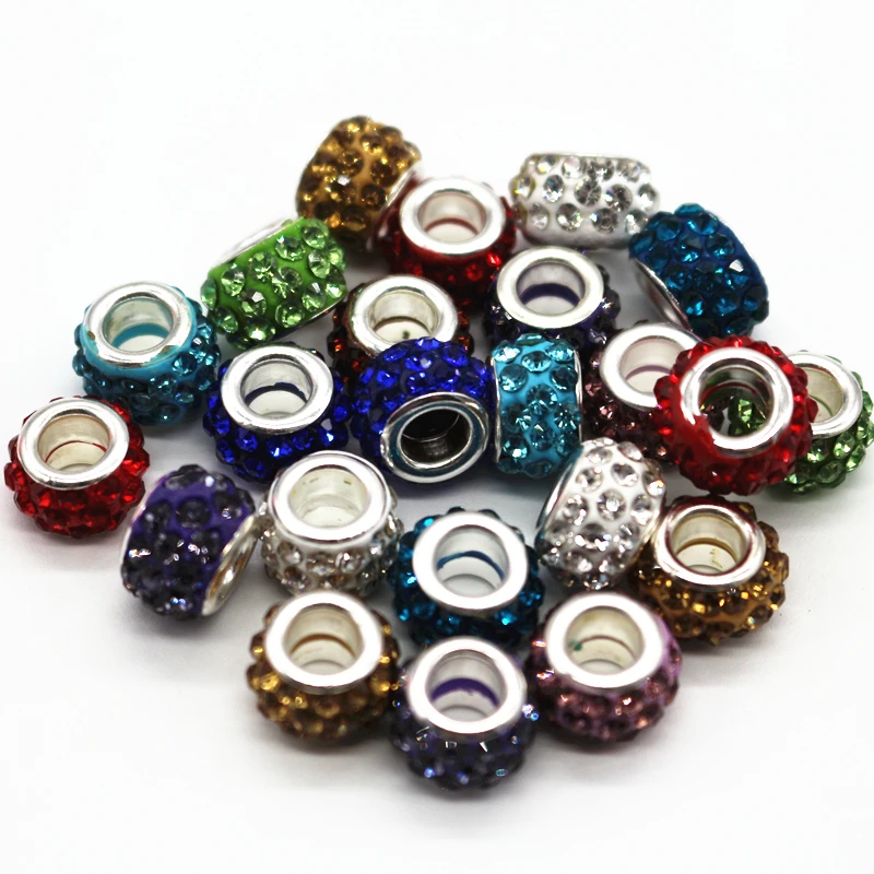 12mm Silver Color Cord Big Hole With Rhinestone Loose Beads Fit European Jewelry Bracelet Charms DIY 100pcs/lot | Украшения и