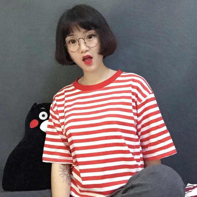 Женская Футболка Туника Kawaii Girl винтажная свободная полосатая Ins шикарная