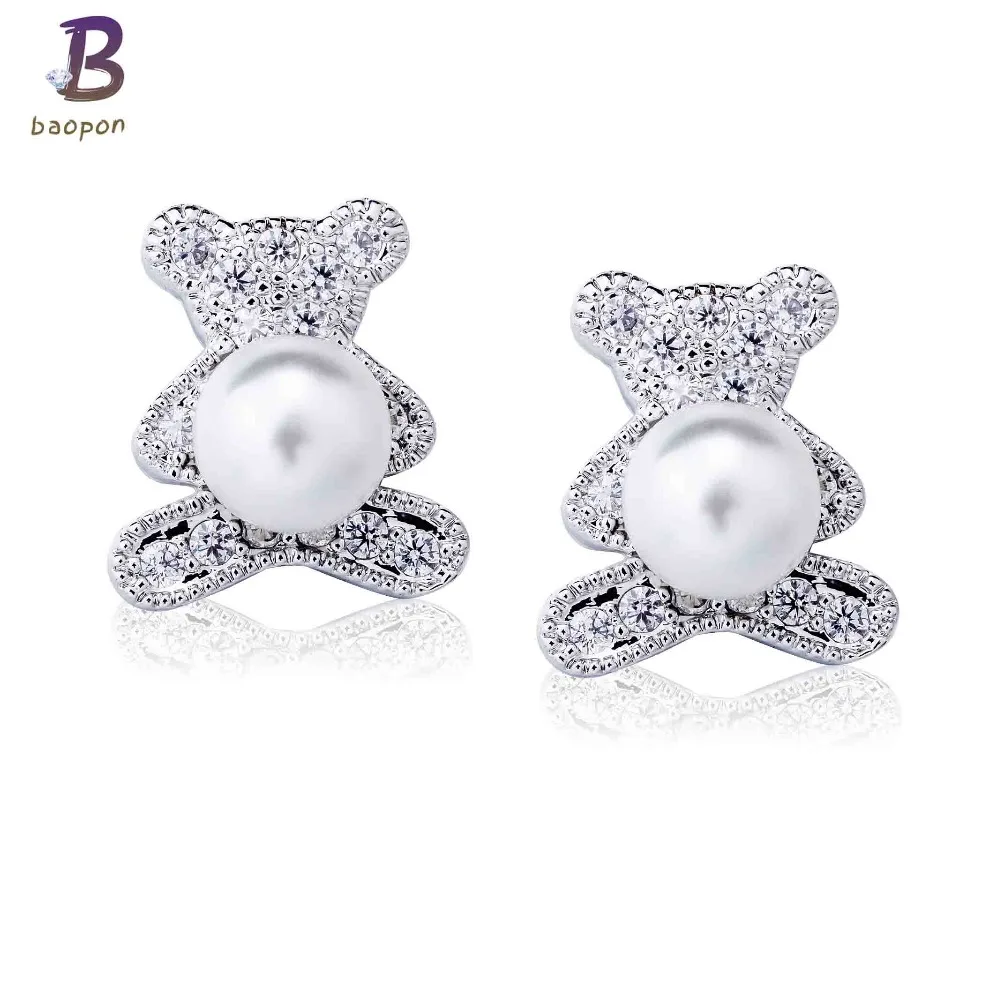 BAOPON Cubic Zirco Earrings Bear Drop Big Simulated Pearl Earring Fashion Ear Chain Wedding Jewelry for Women EAR035