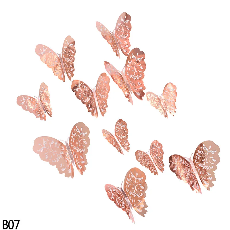 B07-12Pcs 12 шт. красивые розовые золотые серебряные 3D полые бабочки настенные Стикеры для свадьбы, дня рождения, вечеринки, дома, детской комнаты, декоративные настенные наклейки - Цвет: B07-12Pcs