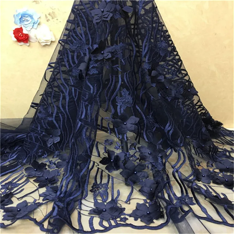 High Quality Tulle Lace 3d flower African Fabric With sky blue Beads French Wedding For 5yards pink | Дом и сад