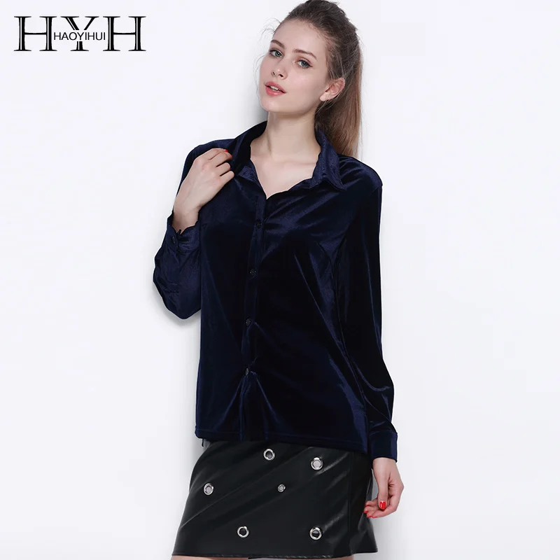 HYH HAOYIHUI Women Long Sleeve Shirt Dark Blue Velvet Office Elegant Blouses Casual Shirts Ladies Blusas Sexy Winter Basic Tops|elegant blouse|shirt
