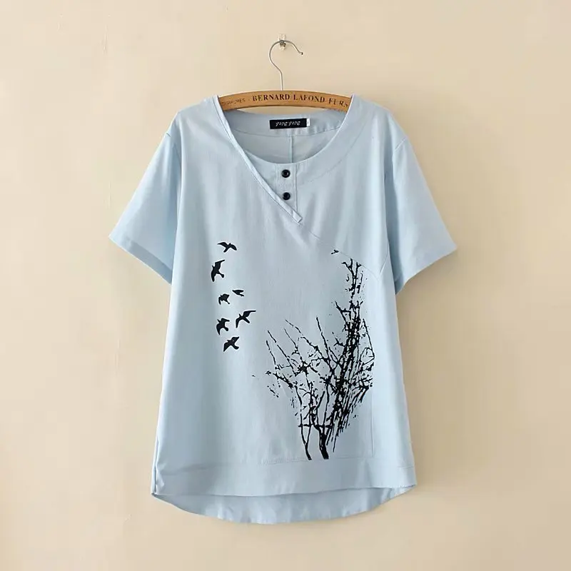 Льняная хлопковая Асимметричная женская футболка размера плюс XXXL с аппликацией