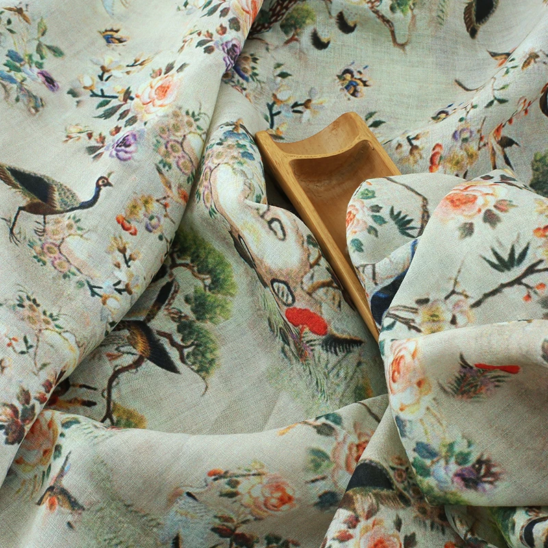Высокое качество рами ткань Cheongsam платье рубашка tissu красивый цветок и птица