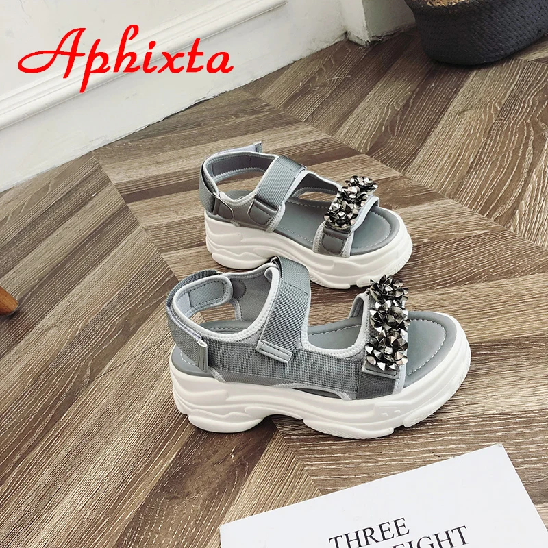 Aphixta/Женская обувь на танкетке женские босоножки со стразами тканевые сандалии